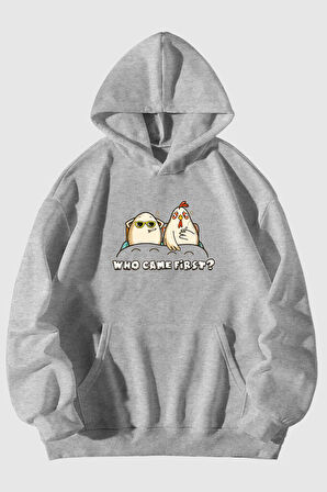 Who Came First Baskılı Unisex Siyah Kanguru Cepli Kapüşonlu Sweatshirt Hoodie | L