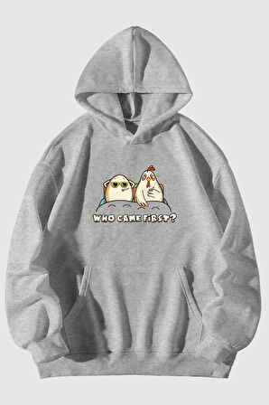 Who Came First Baskılı Unisex Siyah Kanguru Cepli Kapüşonlu Sweatshirt Hoodie | XL