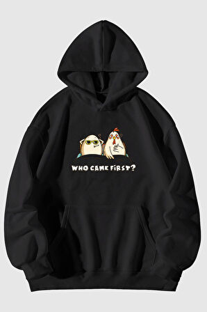 Who Came First Baskılı Unisex Siyah Kanguru Cepli Kapüşonlu Sweatshirt Hoodie | XL
