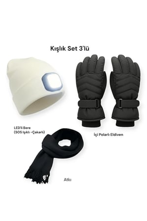İçi Polarlı Motosiklet Kar Kayak Eldiveni +Bere+ Atkı 3lü Kışlık Set LED Kafa Bandı Hediyeli