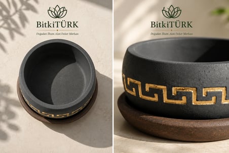 Dekoratif Beton Saksı ve Altlık Seti 18x9 cm Bonsai Saksısı Sukulent Saksısı İç Mekan Bitki Saksısı