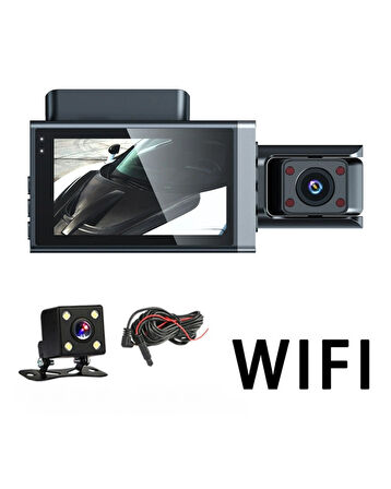 Full HD 1080P 3 Lensli WiFi Destekli Araç Kamerası + Geri Görüş DVR