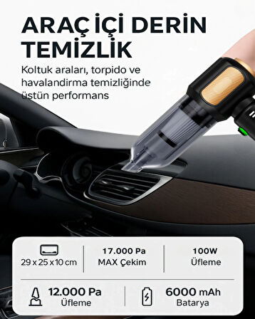 Kablosuz Süpürge & Toz Üfleyici – 17.000Pa Çekim Gücü, 12.000Pa Üfleme Gücü, Çoklu Başlık Seti