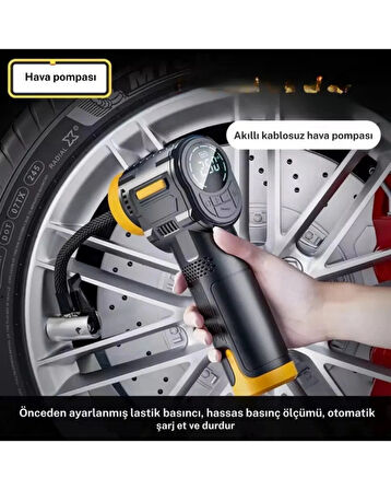 Dijital Şarjlı Hava Kompresörü 150 Psı| Kablosuz Lastik Şişirme Pompası | LED Ekranlı Otomatik Basın