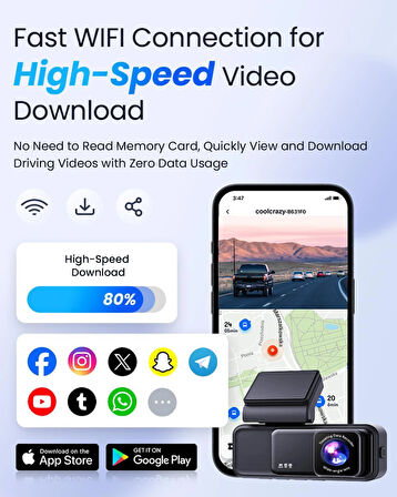 4K Ultra HD Araç Kamerası WiFi GPS Gece Görüşlü Çift Kameralı