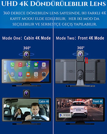 4K + 1080P Çift Kameralı Araç İçi Ayna Kamera | 360° Dönebilen Lens + Dokunmatik Ekran