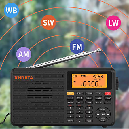 XHDATA D109WB Taşınabilir Radyo AM FM Stereo SW MW LW Dijital Çalar Saatli Radyo Şarj Edilebilir Pil USB-C Hava Durumu Tahmini ile