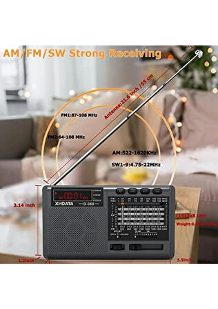 XHDATA D368 Kısa Dalga Am Fm 12 Bant Dsp Stereo Taşınabilir Radyo Mp3 Çalar Şarj Edilebilir