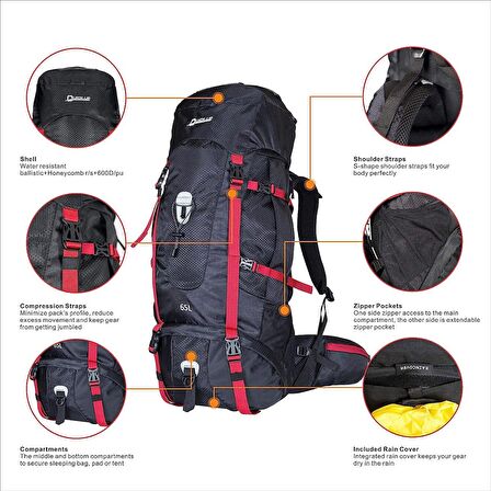 Quickup Hiking 65 lt Su Geçirmez Outdoor Sırt Çantası Kırmızı