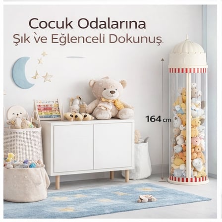Peluş Oyuncak Saklama Tüpü, Fermuarlı, Tekerleksiz, Şeffaf Silindir Organizatör, (164 cm Krem, Sirk Çadırı)