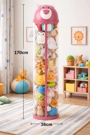 Peluş Oyuncak Saklama Tüpü, Fermuarlı, Tekerleksiz, Şeffaf Silindir Organizatör, (170 cm Pembe, Ayıcık)