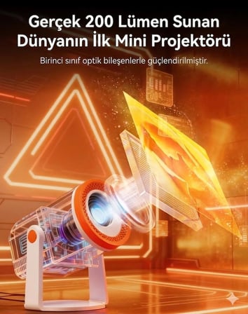 TURN1 Akıllı Android 14 Mini Projektör, 720P Çözünürlük, 200 ANSI Lümen, Wi-Fi 6, 4K Destekli, Otomatik Düzeltme, Turuncu, Ev Sineması