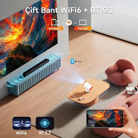 TURN1 Akıllı Android 14 Mini Projektör, 720P Çözünürlük, 200 ANSI Lümen, Wi-Fi 6, 4K Destekli, Otomatik Düzeltme, Turuncu, Ev Sineması