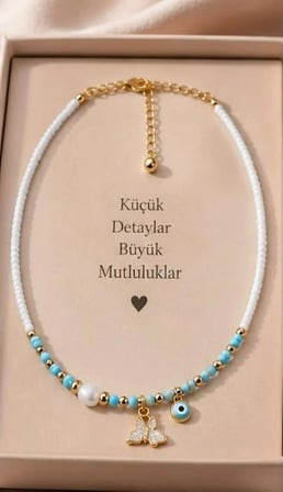  Altın Renk Kelebek Figürlü Nazar Boncuklu Kolye