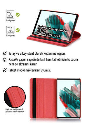 Monker Samsung Galaxy Tab A8 X200 Uyumlu Kırmızı 10.5 inç Tablet Kılıfı Dönebilen Standlı Suni Deri