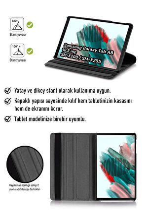 Monker Samsung Galaxy Tab A8 X200 Uyumlu Siyah 10.5 inç Tablet Kılıfı Dönebilen Standlı Suni Deri