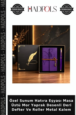 Özel Sunum Hatıra Eşyası Masa Üstü Mor Yaprak Desenli Deri Defter Ve Roller Metal Kalem