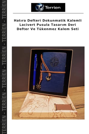 Hatıra Defteri Dokunmatik Kalemli Lacivert Pusula Tasarım Deri Defter Ve Tükenmez Kalem Seti