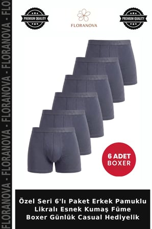 Özel Seri 6'lı Paket Erkek Pamuklu Likralı Esnek Kumaş Füme Boxer Günlük Casual Hediyelik