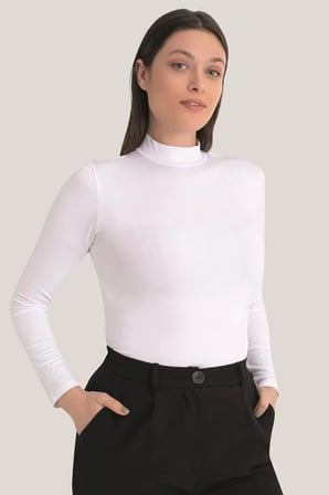 Delux Serisi Basic Giyim Klasik Bluz Esnek Üst Kadın Beyaz Balıkçı Yaka Uzun Kollu Body 2'li Paket