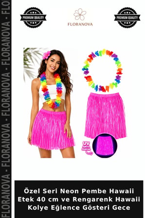 Özel Seri Neon Pembe Hawaii Etek 40 cm ve Rengarenk Hawaii Kolye Eğlence Gösteri Gece