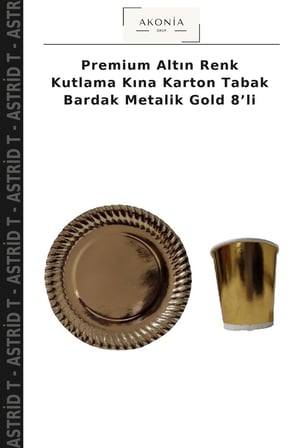 Premium Altın Renk Kutlama Kına Karton Tabak Bardak Metalik Gold 8’li