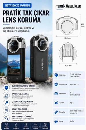 Insta360 X3 Uyumlu Lens Koruyucu,Hava Kanallı Buğu Önleyici Pratik Tak Çıkar Şeffaf Koruma
