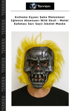 Kutlama Eşyası Şaka Malzemesi Eğlence Aksesuarı Wild Skull - Metal Kafatası Sarı Saçlı İskelet Maske