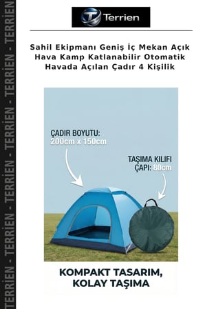 Sahil Ekipmanı Geniş İç Mekan Açık Hava Kamp Katlanabilir Otomatik Havada Açılan Çadır 4 Kişilik