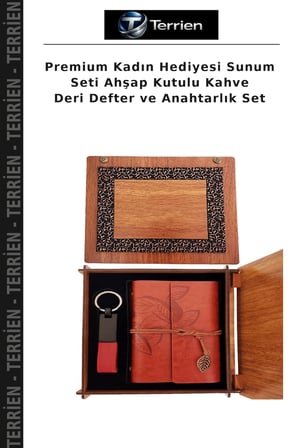 Premium Kadın Hediyesi Sunum Seti Ahşap Kutulu Kahve Deri Defter ve Anahtarlık Set