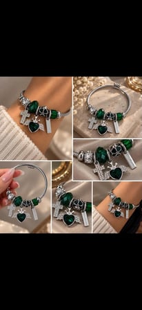 Zümrüt Yeşili Charm Detaylı Gümüş Bileklik – Kalp & Haç Figürlü