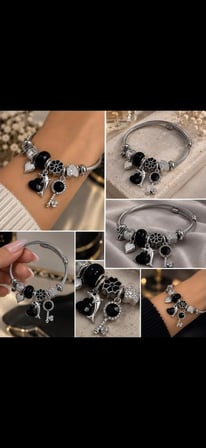 Siyah Gümüş Charm Detaylı Bileklik – Ayarlanabilir Tasarım