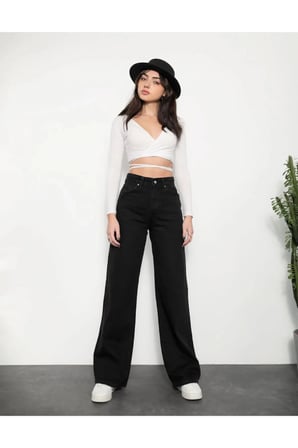Jeannine Kadın Jeans Siyah Yüksek Bel Palazzo Salaş Bol Paça Denim Kot Pantolon BEEKEPLZSYH-01
