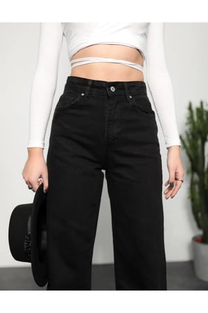 Jeannine Kadın Jeans Siyah Yüksek Bel Palazzo Salaş Bol Paça Denim Kot Pantolon BEEKEPLZSYH-01