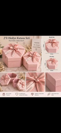  2’li Pudra Pembe Altıgen Fiyonklu Lüks Hediye Kutusu Seti