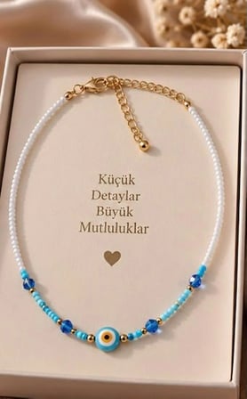 Turkuaz Beyaz Boncuklu Nazar Kolye