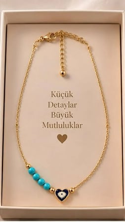 Kadın Turkuaz Boncuklu Kalp Nazar Kolye