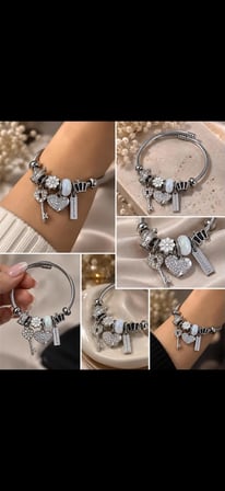 Kraliçe Taç Charm Detaylı Gümüş Bileklik – Kalp & Anahtar Figürlü
