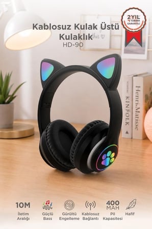 Çanta Eğitim Ders Bluetooth Kulaklık Kulak Üstü Kedi Tasarımlı Kablosuz Kulaklık HD90 Siyah