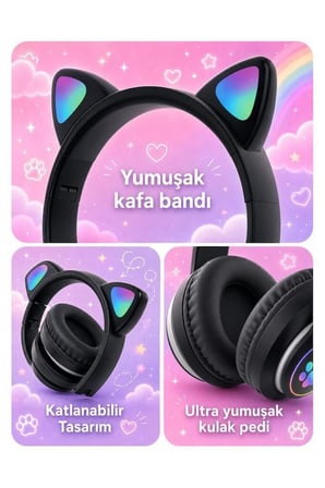 Çanta Eğitim Ders Bluetooth Kulaklık Kulak Üstü Kedi Tasarımlı Kablosuz Kulaklık HD90 Siyah