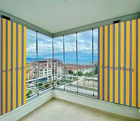CEYLAN Home Balkon Perdesi Bağcıklı Ölçü Seçenekli Sarı Gri Çizgili