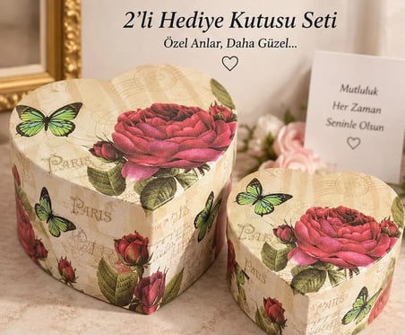  2’li Kalp Şeklinde Gül ve Kelebek Desenli Vintage Hediye Kutusu Seti