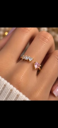 Kadın Gold Renk Pembe Kalp Taşlı Açık Tasarım Zarif Yüzük