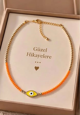 Sarı Nazar Boncuklu Turuncu Boncuk Kolye