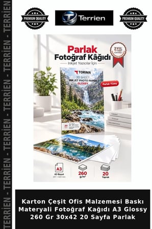 Karton Çeşit Ofis Malzemesi Baskı Materyali Fotoğraf Kağıdı A3 Glossy 260 Gr 30x42 20 Sayfa Parlak