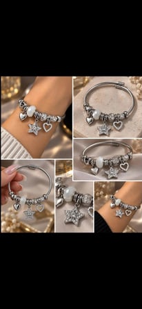 Gümüş Renkli Yıldız & Kalp Charm Detaylı Bileklik