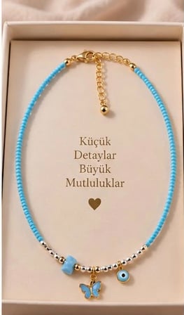  Turkuaz Kelebek Figürlü Nazar Boncuklu Kolye
