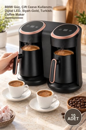 10 Adet İkili Otomatik Türk Kahve Makinesi – 800W Güç, Çift Cezve Kullanımı, Dijital LED, Siyah-Gold, Turkish Coffee Maker