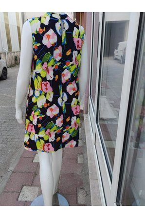 Bisiklet Yaka Mini Elbise-Renkli - 36