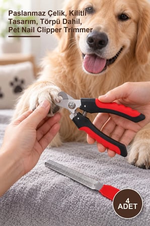 4 Adet Evcil Hayvan Tırnak Makası Seti – Paslanmaz Çelik, Kilitli Tasarım, Törpü Dahil, Pet Nail Clipper Trimmer